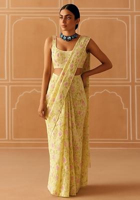 Cream Georgette Embroidered Pre Draped Saree Set