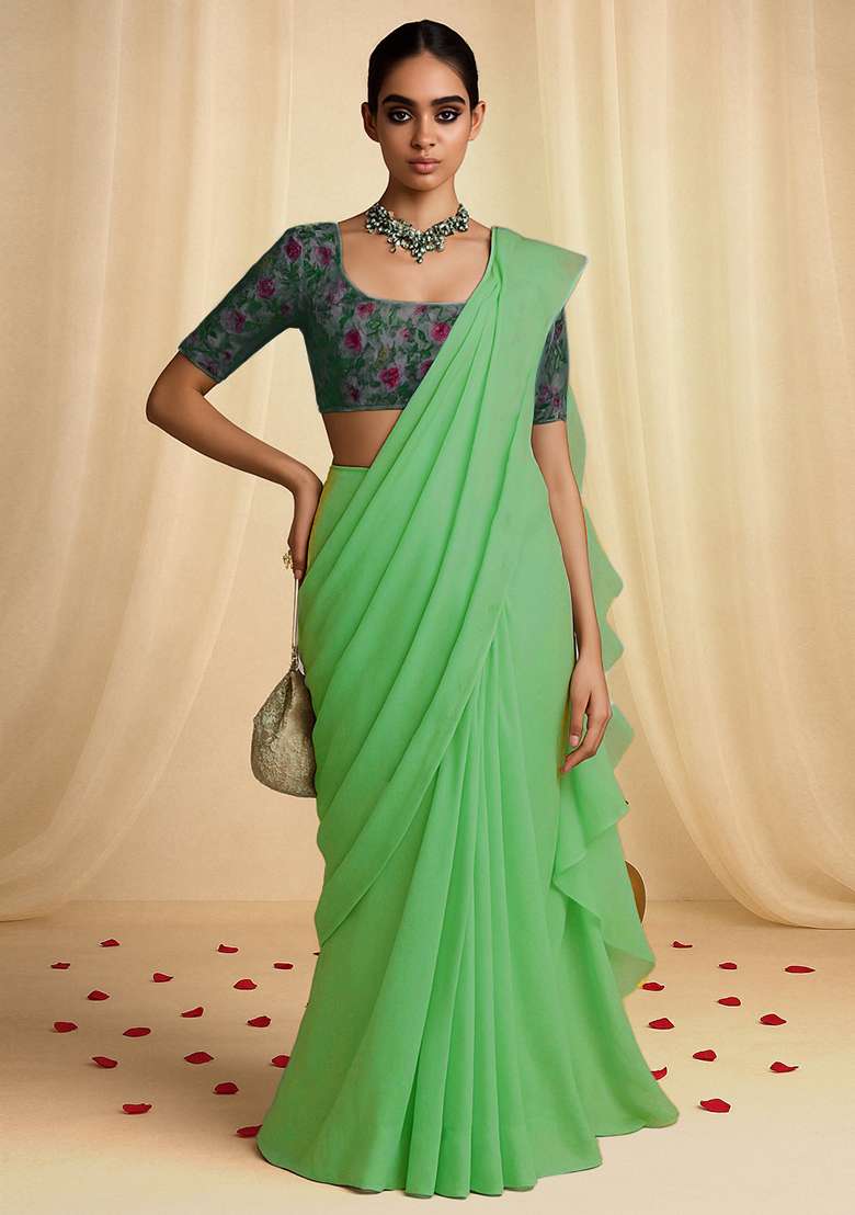 Pista Green Embroidered Blouse With Pre Draped Saree Set - Indya