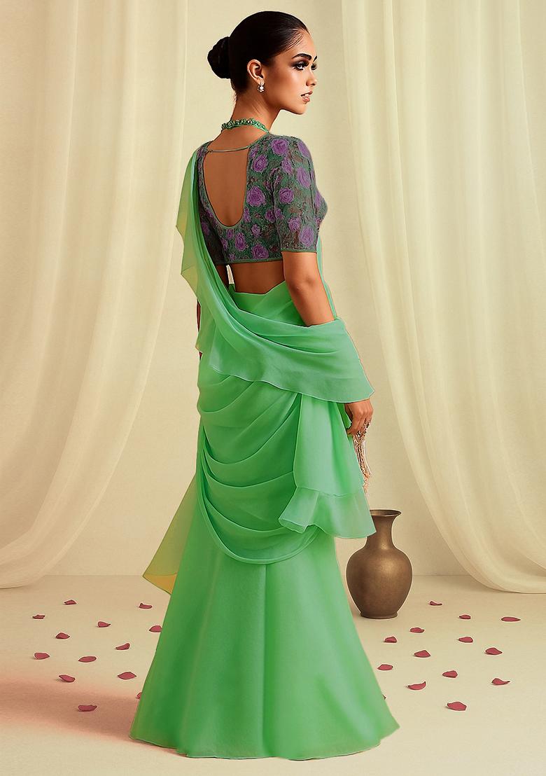 Pista Green Embroidered Blouse With Pre Draped Saree Set - Indya