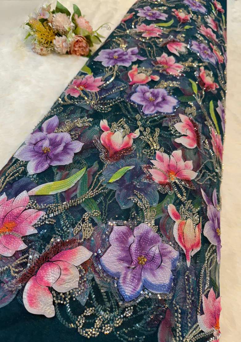 Pista Green Embroidered Blouse With Pre Draped Saree Set - Indya