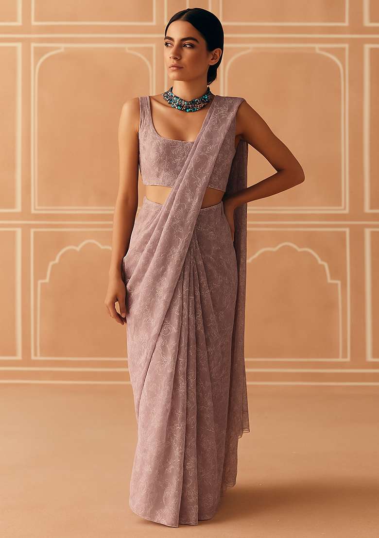 Lilac Georgette Embroidered Pre Draped Saree Set - Indya