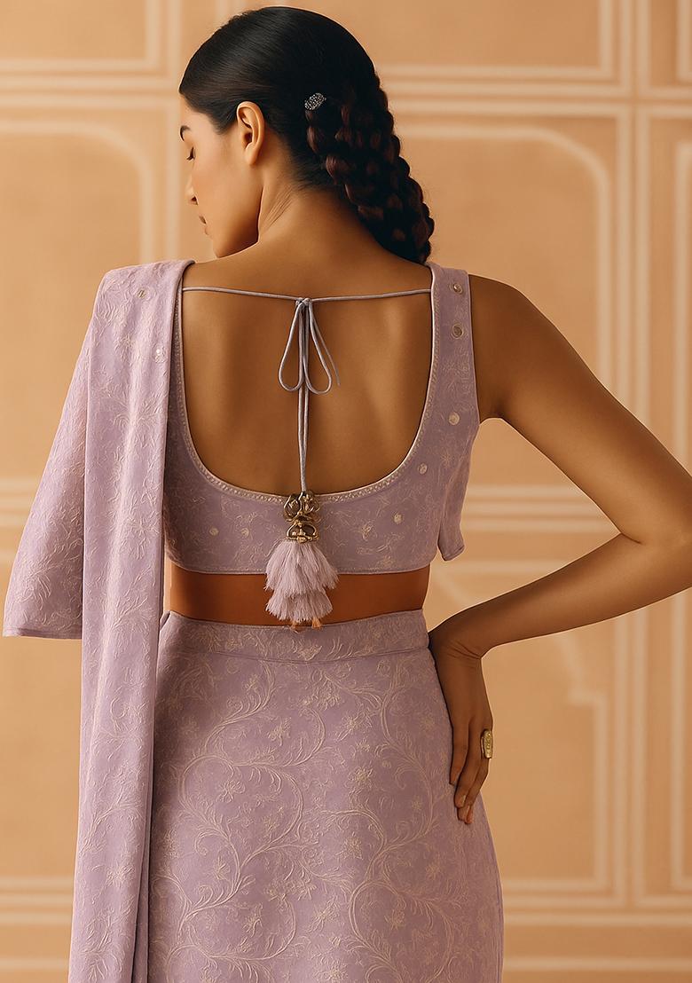 Lilac Georgette Embroidered Pre Draped Saree Set - Indya