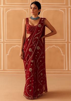 Queen Pink Georgette&nbsp;Embroidered Pre Draped Saree Set
