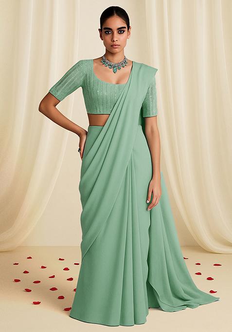 Sky Blue Embellished Blouse With Pre Draped Saree Set