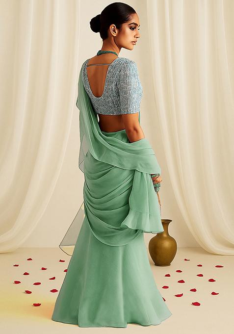 Sky Blue Embellished Blouse With Pre Draped Saree Set