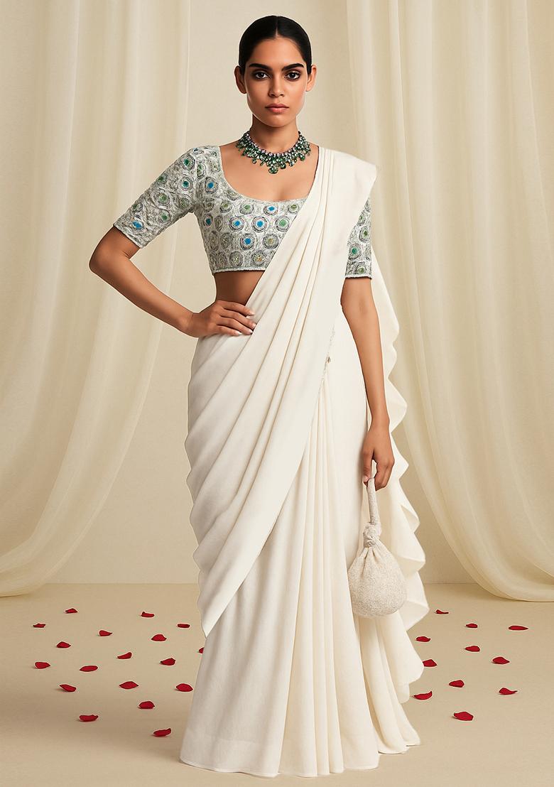Off White Embellished Blouse With Pre Draped Saree Set