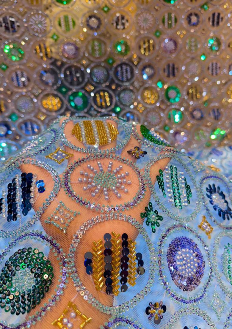 Off White Embellished Blouse With Pre Draped Saree Set