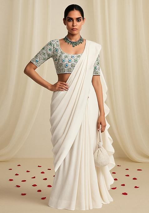 Off White Embellished Blouse With Pre Draped Saree Set