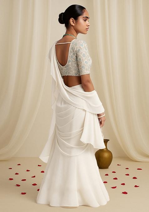 Off White Embellished Blouse With Pre Draped Saree Set