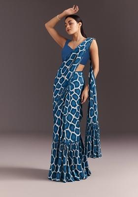 Blue Modal Satin Printed Pre Draped Saree Set