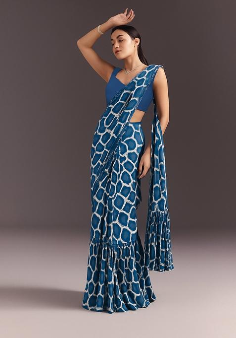 Blue Modal Satin Printed Pre Draped Saree Set