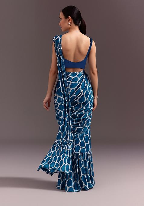 Blue Modal Satin Printed Pre Draped Saree Set