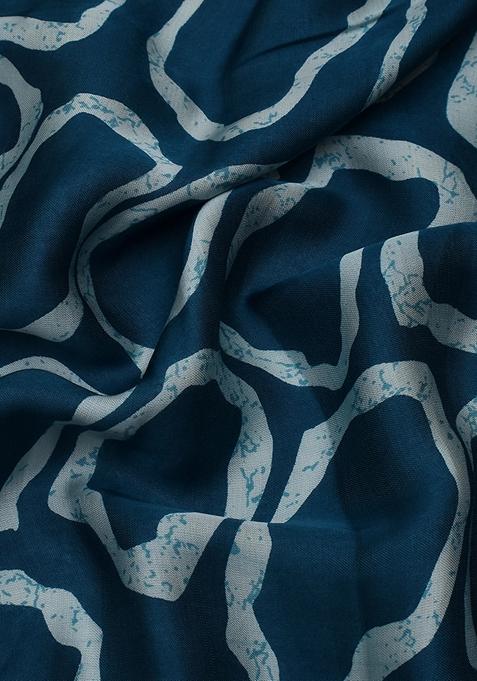 Blue Modal Satin Printed Pre Draped Saree Set