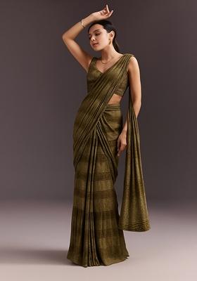 Multicolor Modal Satin Printed Pre Draped Saree Set