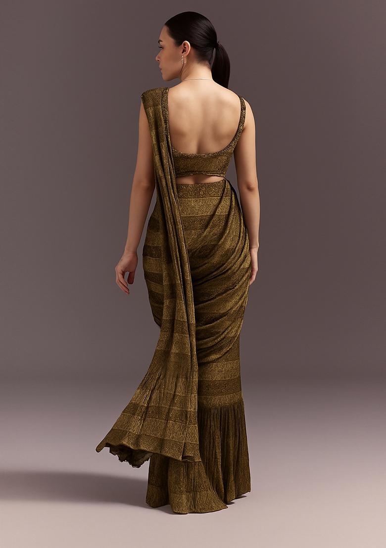 Multicolor Modal Satin Printed Pre Draped Saree Set - Indya