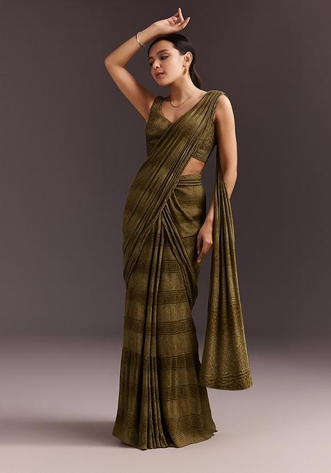 Multicolor Modal Satin Printed Pre Draped Saree Set