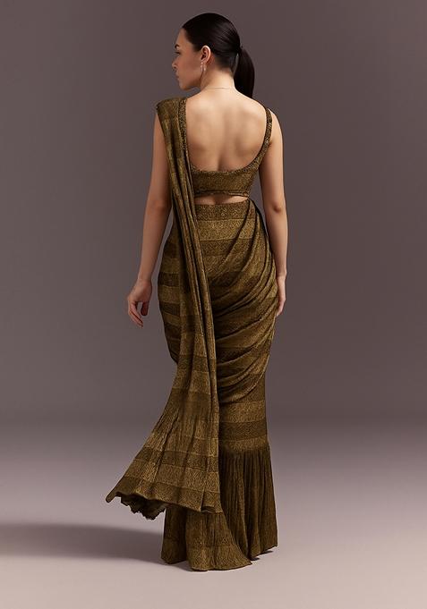 Multicolor Modal Satin Printed Pre Draped Saree Set