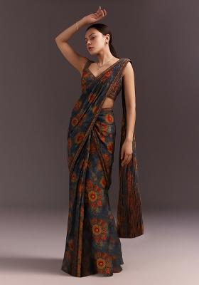 Multicolor Modal Satin Printed Pre Draped Saree Set