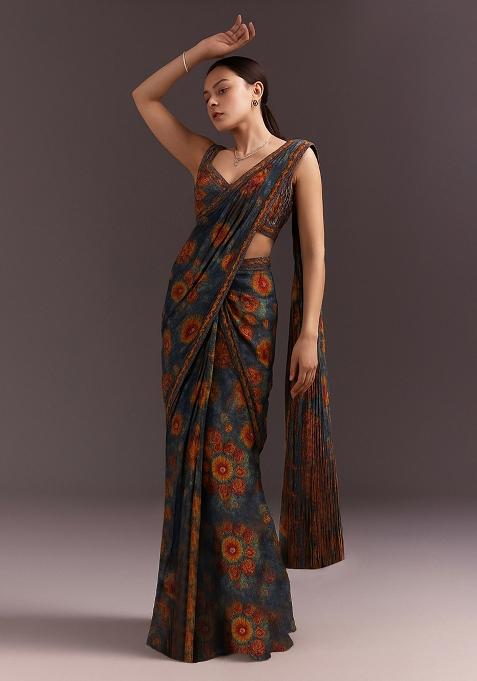 Multicolor Modal Satin Printed Pre Draped Saree Set