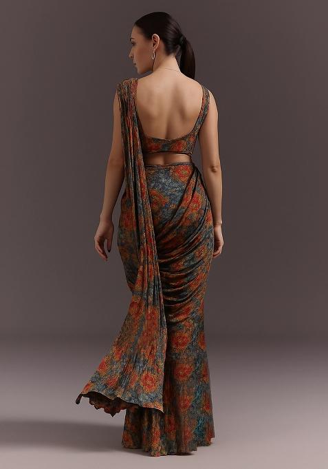 Multicolor Modal Satin Printed Pre Draped Saree Set