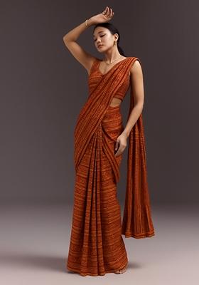 Multicolor Modal Satin Printed Pre Draped Saree Set