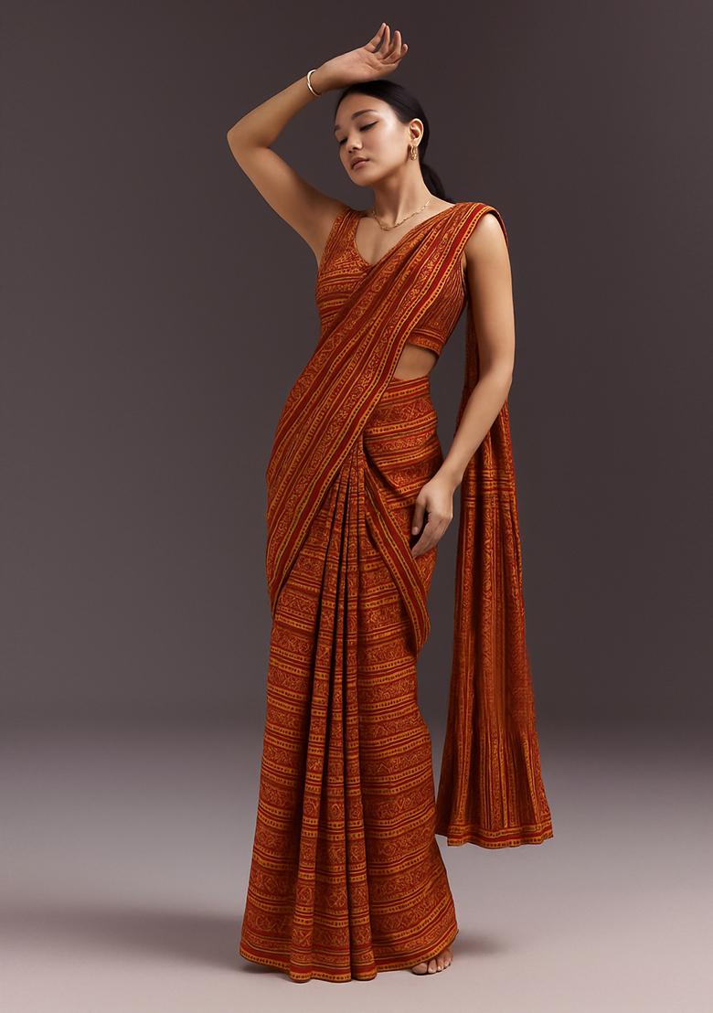 Multicolor Modal Satin Printed Pre Draped Saree Set