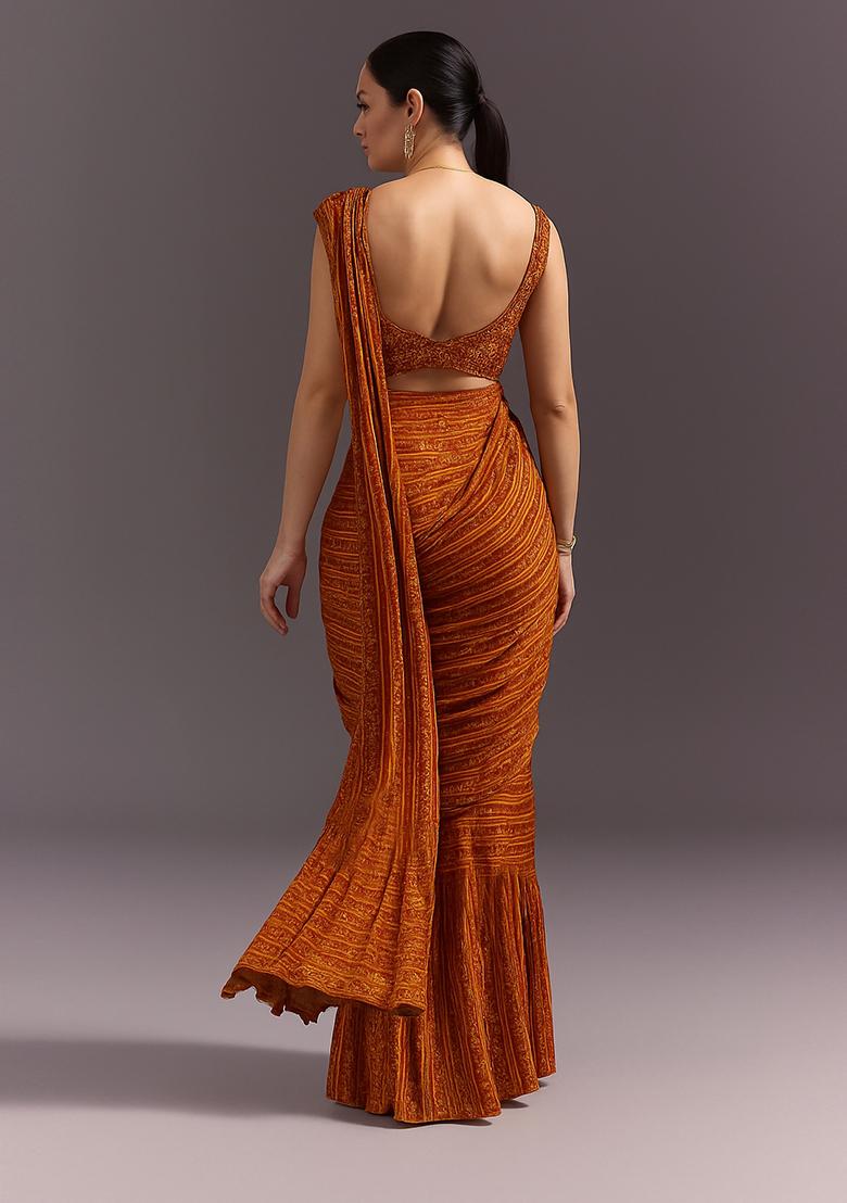 Multicolor Modal Satin Printed Pre Draped Saree Set - Indya