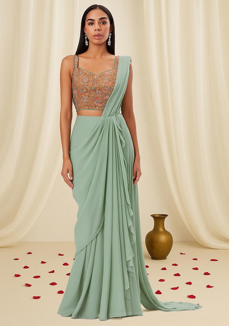 Mint Green Embellished Blouse With Pre Draped Saree Set