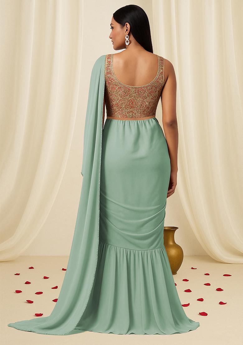 Mint Green Embellished Blouse With Pre Draped Saree Set