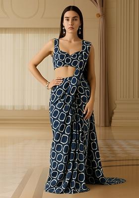 Blue Modal Satin Printed Pre Draped Saree Set