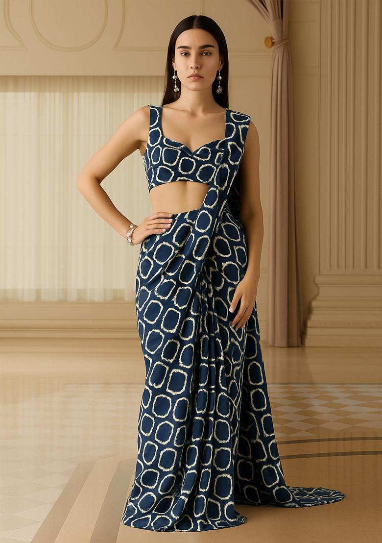 Blue Modal Satin Printed Pre Draped Saree Set