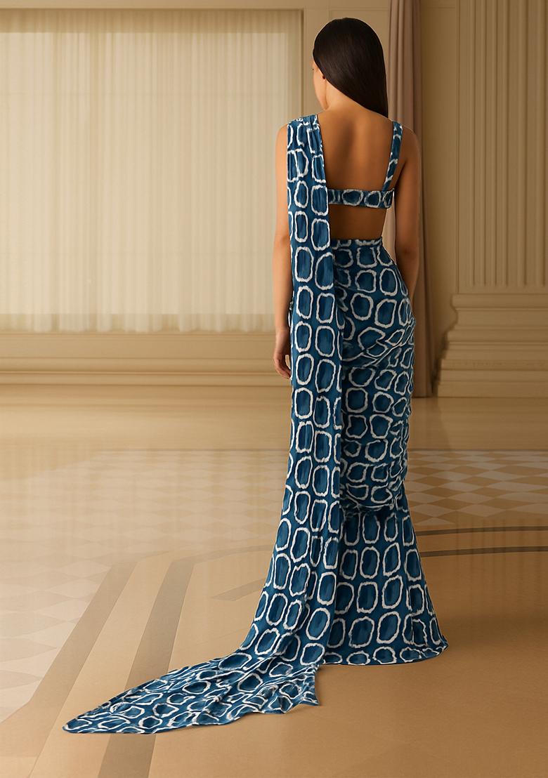 Blue Modal Satin Printed Pre Draped Saree Set - Indya