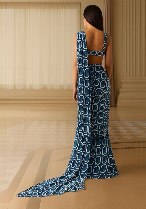 Blue Modal Satin Printed Pre Draped Saree Set