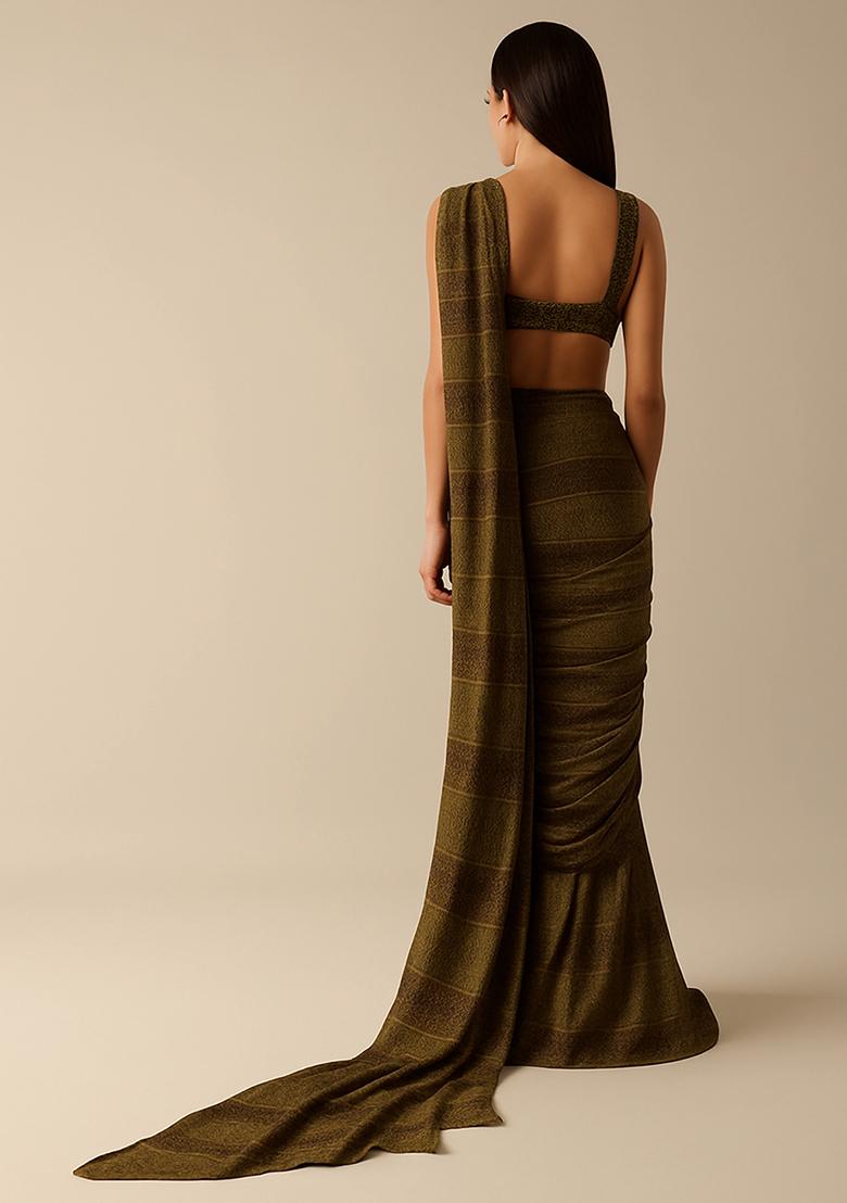 Brown Modal Satin Printed Pre Draped Saree Set