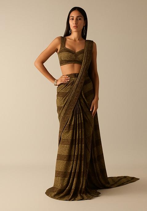Brown Modal Satin Printed Pre Draped Saree Set