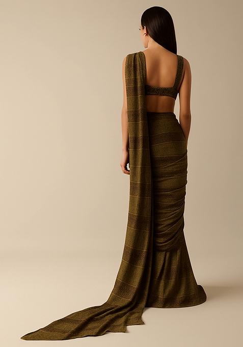 Brown Modal Satin Printed Pre Draped Saree Set