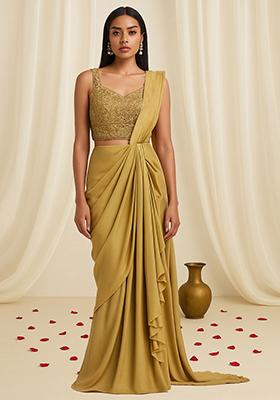 Mustard Embellished Blouse With Pre Draped Saree Set