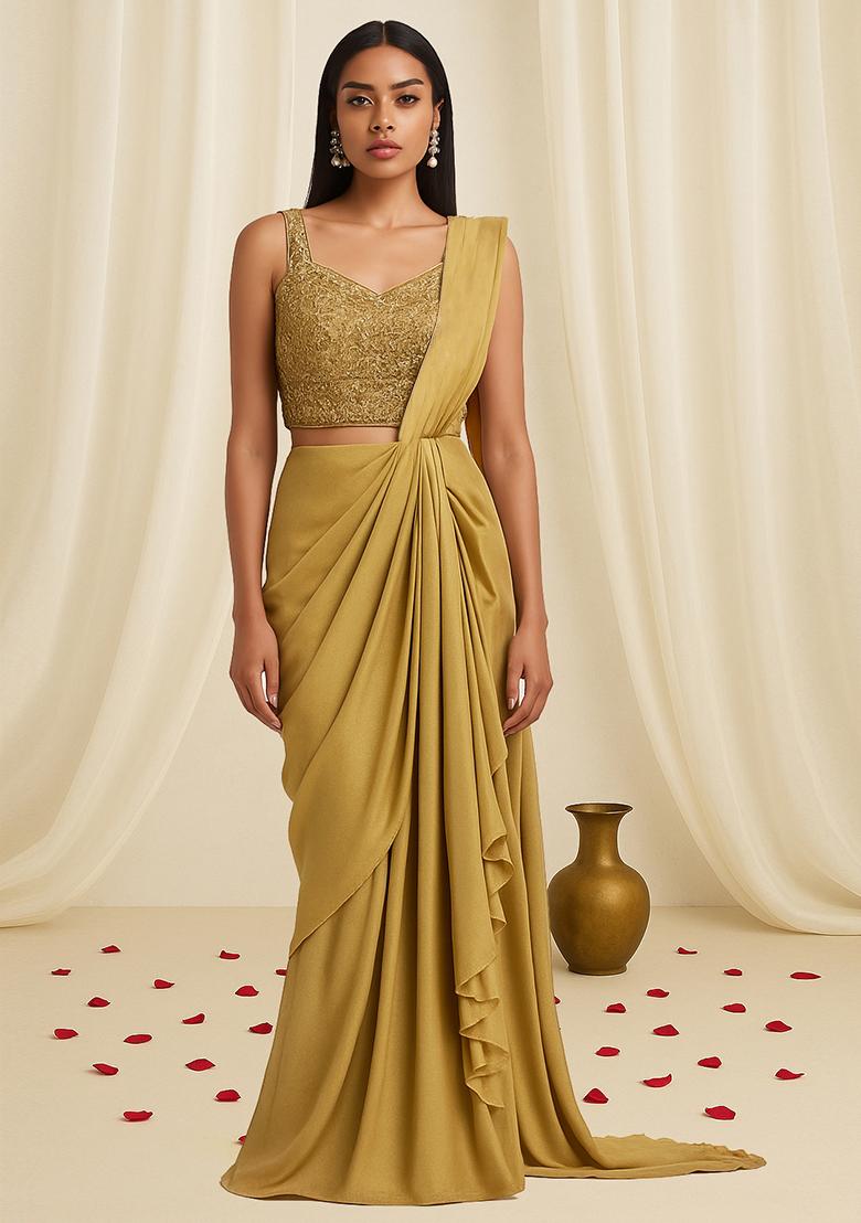 Mustard Embellished Blouse With Pre Draped Saree Set