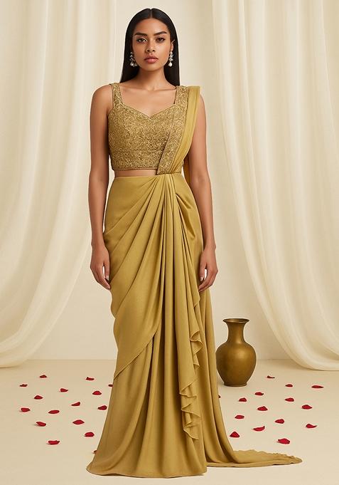 Mustard Embellished Blouse With Pre Draped Saree Set