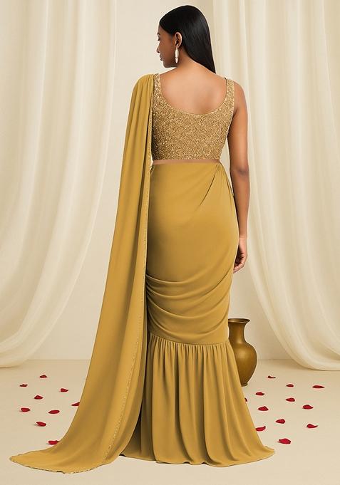 Mustard Embellished Blouse With Pre Draped Saree Set