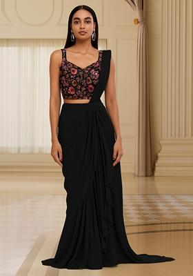Black Embellished Blouse With Pre Draped Saree Set