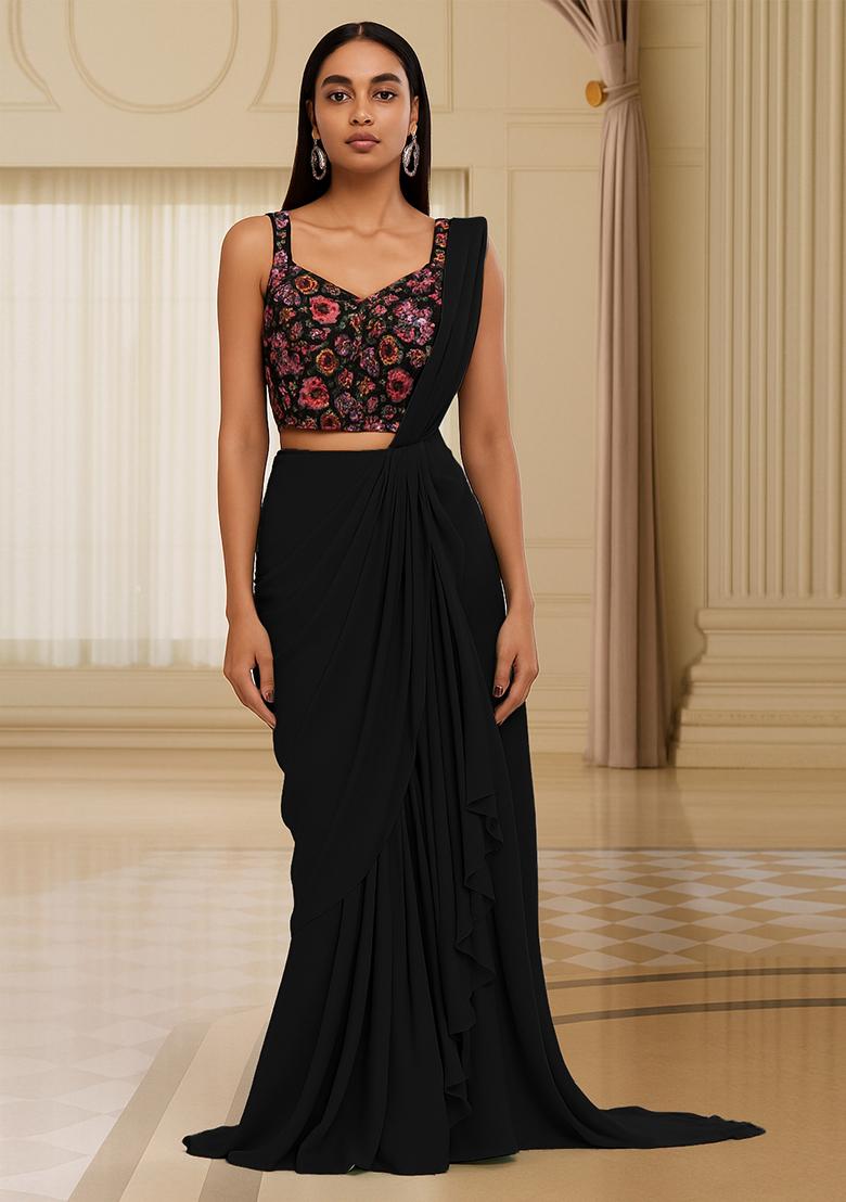 Black Embellished Blouse With Pre Draped Saree Set