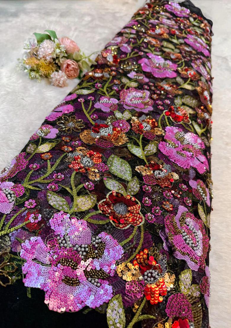 Black Embellished Blouse With Pre Draped Saree Set