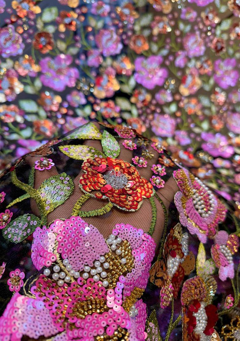 Black Embellished Blouse With Pre Draped Saree Set