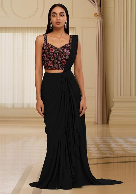 Black Embellished Blouse With Pre Draped Saree Set