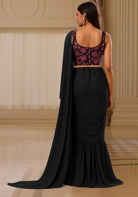 Black Embellished Blouse With Pre Draped Saree Set