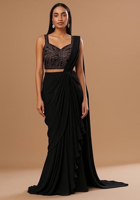 Black Embellished Blouse With Pre Draped Saree Set