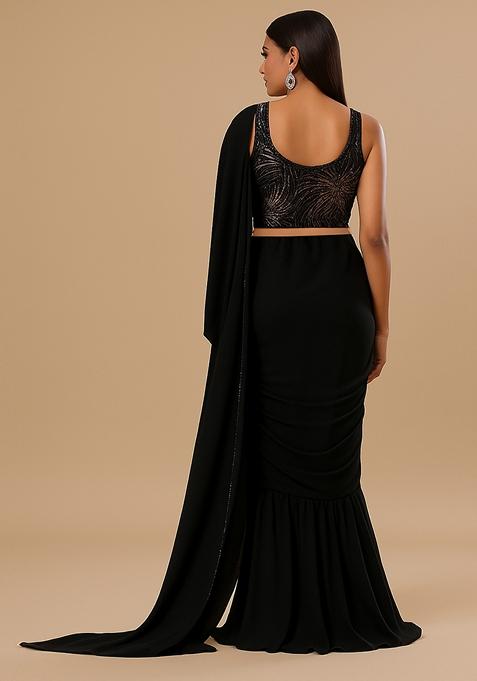 Black Embellished Blouse With Pre Draped Saree Set