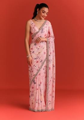 Baby Pink Organza Printed Pre Draped Saree Set