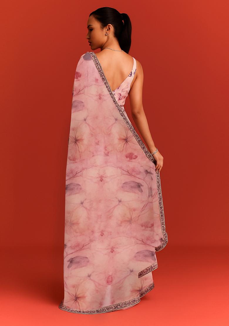 Baby Pink Organza Printed Pre Draped Saree Set - Indya